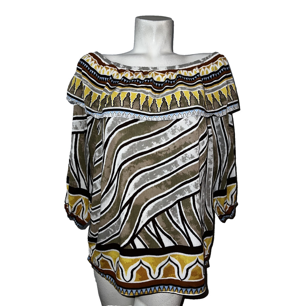 Chico's Top Size L‎ (2) Earthstone Tribal Border Mix Off Shoulder 3/4 Slv Blouse